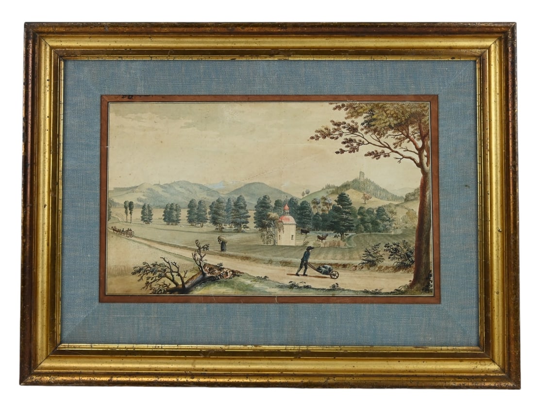18th C Gouache Painting of Italian Landscape: 18th Century Gouache Painting of Italian Landscape with Farmer in Period Frame. Measures 15 inches x 20 inches.