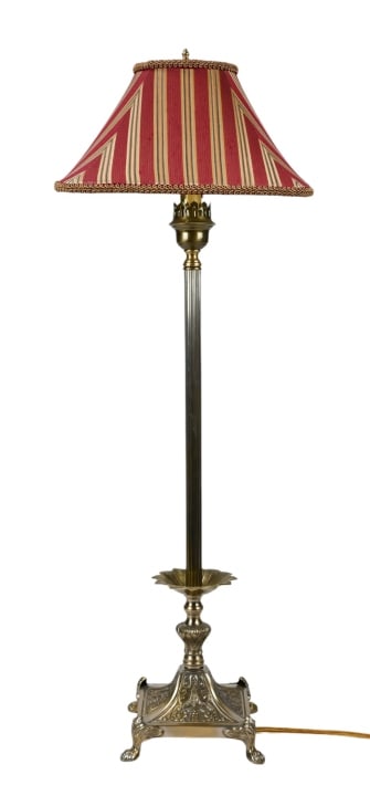 Frederick Cooper Candlestick Lamp w Custom Shade: Frederick Cooper Neo Classical Candlestick Lamp w Custom Shade. Measures 21 inches x 9 inches.