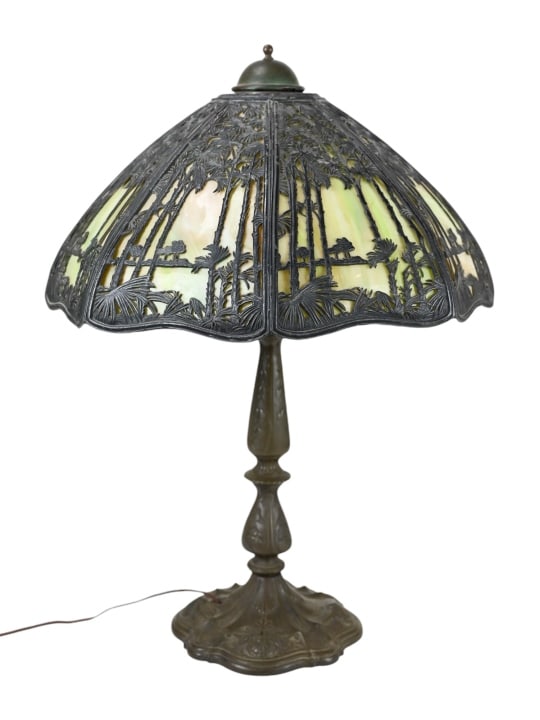 Antique Handel Style Bronze Slag Glass Table Lamp (1 of 8)