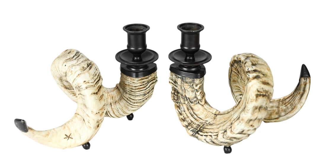 Pair Faux Rams Horn & Rubbed Brass Candlesticks (1 of 9)