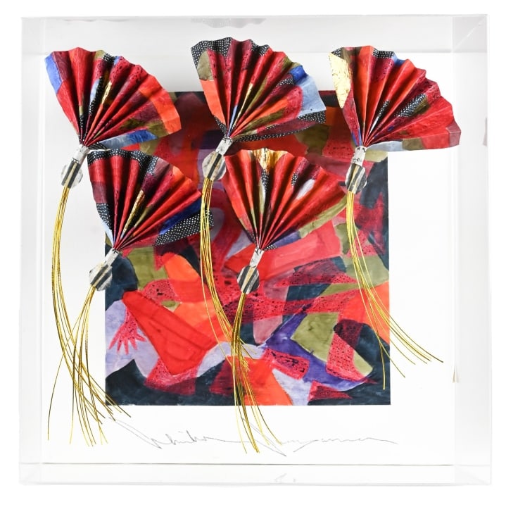 Akiko Sugiyama Signed Mixed Media Presentation: Akiko Sugiyama, Japanese / American born 1947, Signed Mixed Media Presentation of Folded Paper Fans in Lucite Shadow Box. Measures 6 inches x 16 inches x 16 inches.
