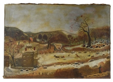 19th C American Folk Art Painting Snowy Landscape