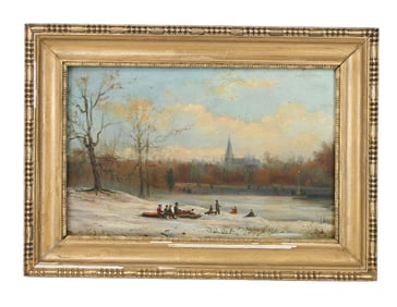 Scott Signed 19th C Oil Painting People Sledding