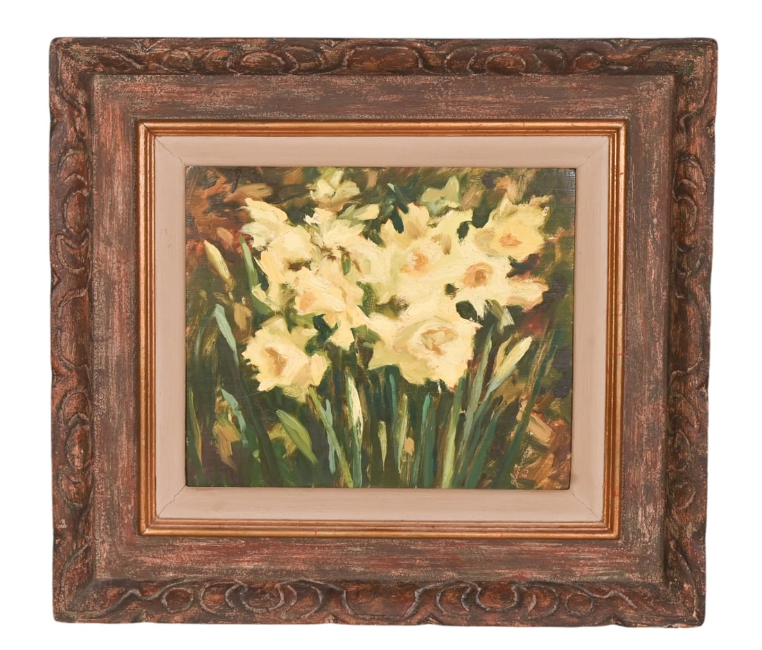 Edward Glannon Signed Oil Painting Daffodils 1963.: Edward Glannon, American 1911-1992, Signed Oil Painting on Board of Daffodils Dated 1963 in Carved Period Frame with Artist Name Carved Into Back of Frame. Framed measures 18 inches x 19 inches, art m