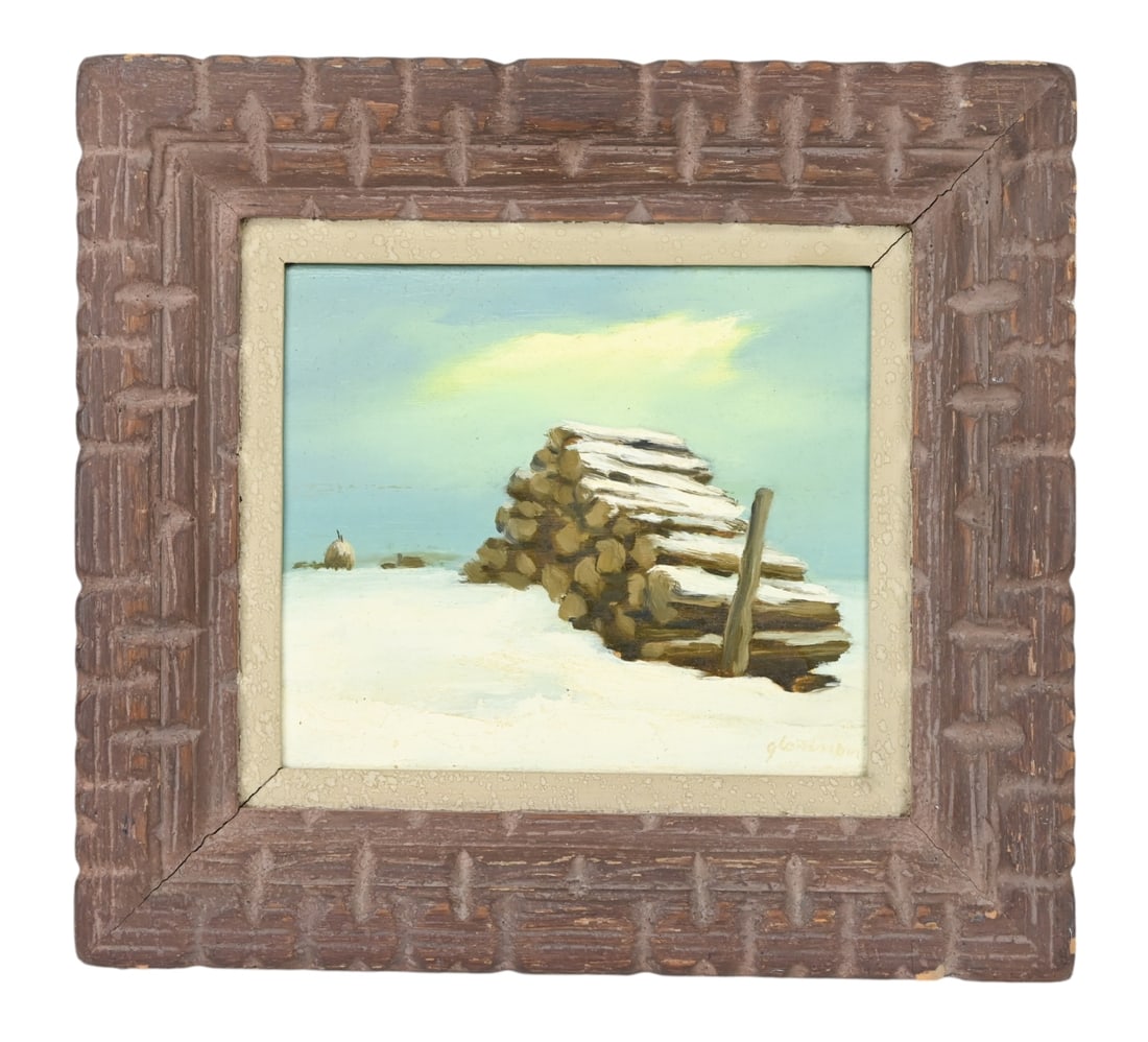 Edward Glannon Signed Oil Painting Snowy Wood Pile: Edward Glannon, American 1911-1992, Signed Oil Painting on Board of Wood Pile in Snow in Carved Period Frame with Artist Name Carved Into Back of Frame. Framed measures 14 inches x 15 inches, art meas