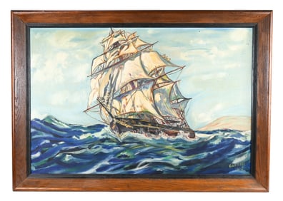 Ganzell 1962 Signed Oil Painting of Clipper Ship