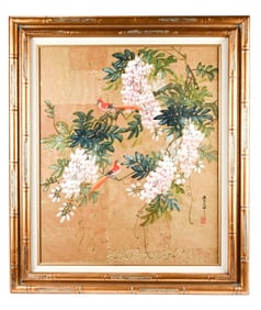Chinese Signed Watercolor on Rice Paper in Bamboo