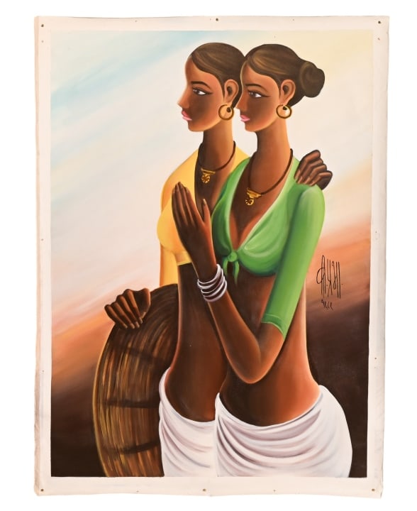 Attributed B. Prabha Signed Oil Painting on Canvas: Attributed to B. Prabha Signed Oil Painting on Canvas of a Women .Any condition statement is given as a courtesy to a client, is only an opinion and should not be treated as a statement of fact.Measur