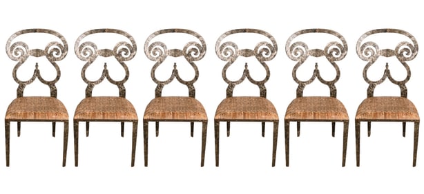 6 Biedermeir Style Forged Iron Rattan Seat Chairs