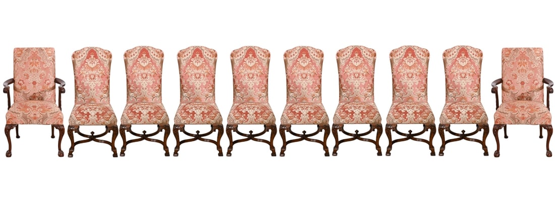 10 Dennis & Leen Hampton Court Dining Chairs: 10 Dennis & Leen Hampton Court Dining Chairs.Includes Smith & Watson Ball and Claw Armchairs. Hand carved, custom velvet tapestry upholstered with crested back and crossed stretchers. Shows light wear