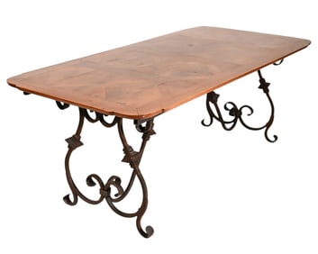 French Industrial Style Parquet Top Dining Table