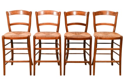 4 French Jean Gestas Signed Rush Seat Barstools