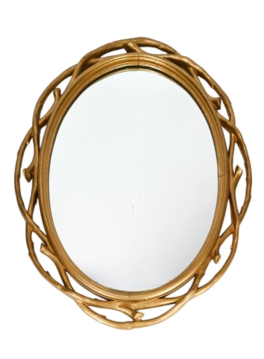 Vintage Carved Fois Bois Branch Motif Oval Mirror: Vintage Carved Fois Bois Branch Motif Oval Gilt Wall Mirror. Measures 31 inches x 40 inches.