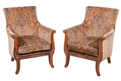2 Hollywood Regency Carved Upholstered Armchairs