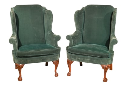 Pair Hickory Custom Upholstered Wingback Chairs