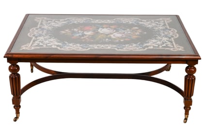 Antique Needlepoint with Glass Top Coffee Table