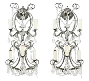 2 Wrought Iron Silver Leaf & Crystal 5 Arm Sconces