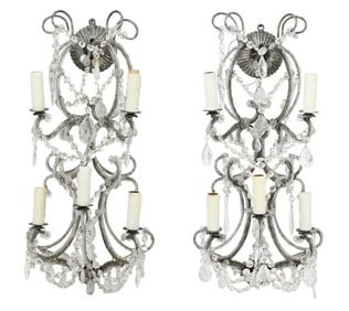 2 Wrought Iron Silver Leaf & Crystal 5 Arm Sconces