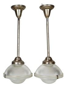 2 Vintage Holophane Pressed Glass Pendant Lights