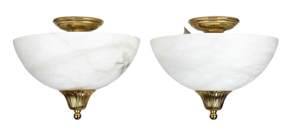 Pair Alabaster Ceiling Fixtures w Tone Mounts