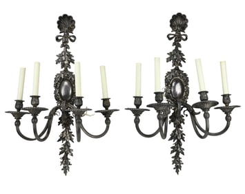 Pair Antique Bronze 4-Arm Sconces Acorns & Shells