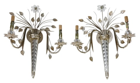 Pair Silver Leaf & Crystal Tole 2 Arm Sconces