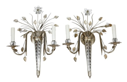 Pair Silver Leaf & Crystal Tole 2 Arm Sconces