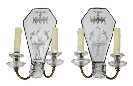 Pair Antique Etched Glass Mirrored Sconces