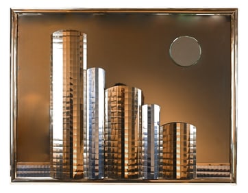 Vintage Art Mirror 3D City Skyline & Moon 1980's