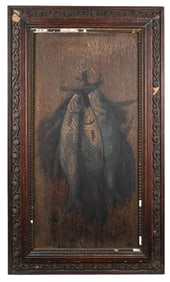 Antique Signed Oil Painting on Wood 3 Caught Fish