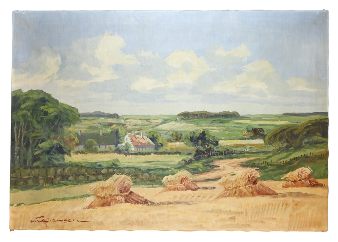 Hilbert Jensen Signed Oil Painting Farm Landscape: Hilbert Jensen, Denmark Born 1911, Signed Mid Century Oil Painting on Canvas of Farm Land and Hay Bails. Measures 26 inches x 38 inches.