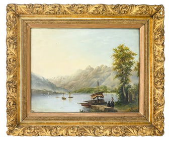 Antique 19th C Oil Painting European School Lake