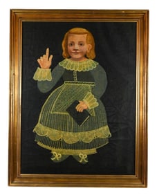 Antique Folk Art Oil Painting Portrait Young Girl