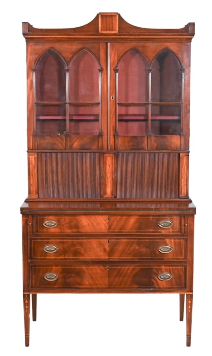 Antique Federal Style Carved Secretary Desk: Antique Federal Style Hand Carved Secretary Desk. Missing finials.Measures 78 inches x 40 inches x 20 inches.