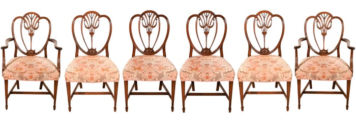 6 Hepplewhite Style Carved Upholstered Chairs