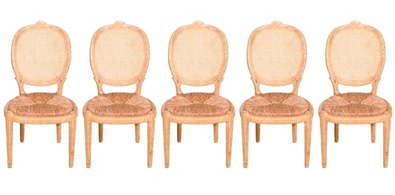 Louis XVI Style Carved Faux Bois Rush Seat Chairs