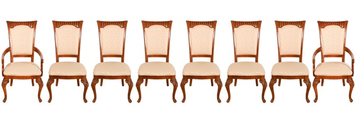 8 Stanley Corinthian Carved Upholstered Chairs
