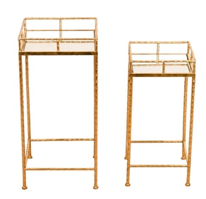 2 Vintage Faux Bamboo Brass Mirror Top Side Tables