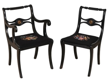 Regency Style Ebonized Needlepoint Seat Chairs