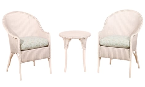 Pair Lloyd Loom Faux Wicker Chairs w/ Side Table