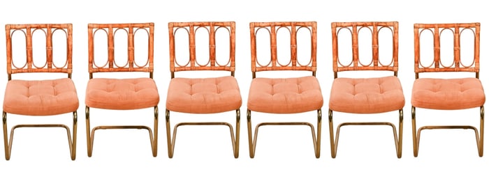 6 Mid Century  Rattan and Brass Cantilever Chairs