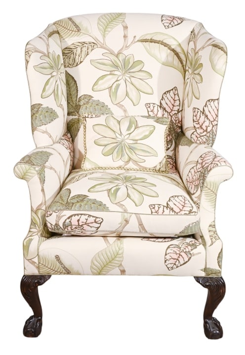 Custom Upholstered Carved Ball Claw Wingback Chair: Custom Upholstered Hand Carved Ball Claw Wingback Chair with Pillow.Measures 44 inches x 32 inches x 26 inches, seat height 21 inches.