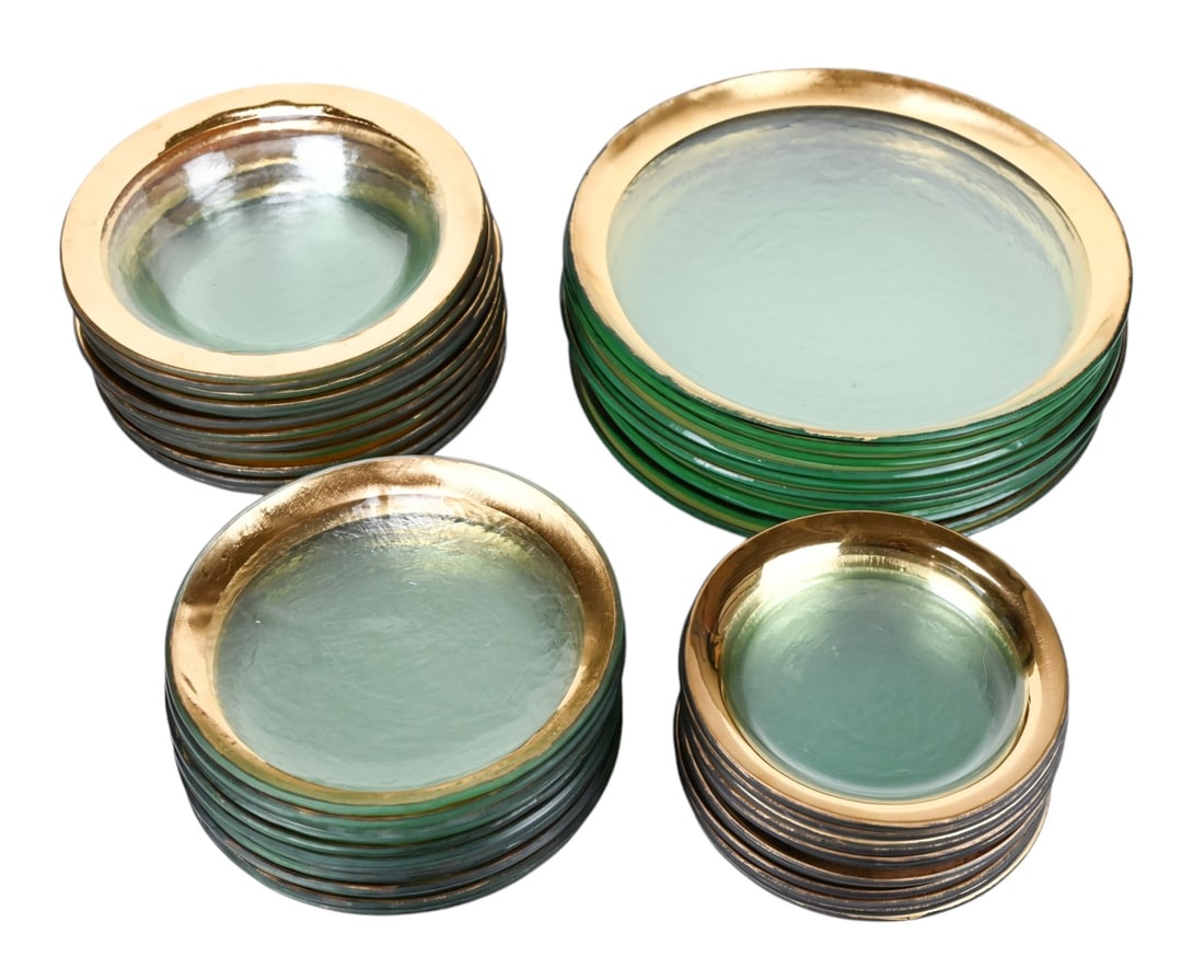 Mexican Glass w Gold Rim Dinner Service for 12: Mexican Glass w Gold Rim Dinner Service for 12. Includes 12 dinner plates, 12 lunch plates, 12 bowls and 12 cake plates. Dinner plate measures 12 inches in diameter.