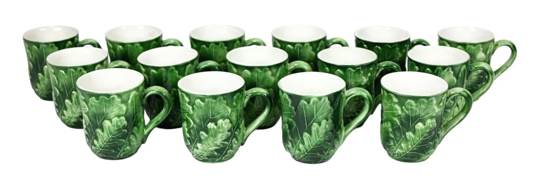 15 Vietri Italy Majolica Oak Leaf Green Mugs: 15 Vietri Italy Majolica Oak Leaf Green Mugs. Each measures 4 inches x 5 inches.