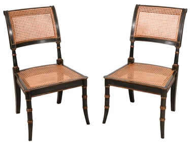 Pair Regency Style Carved Black Lacquered Chairs