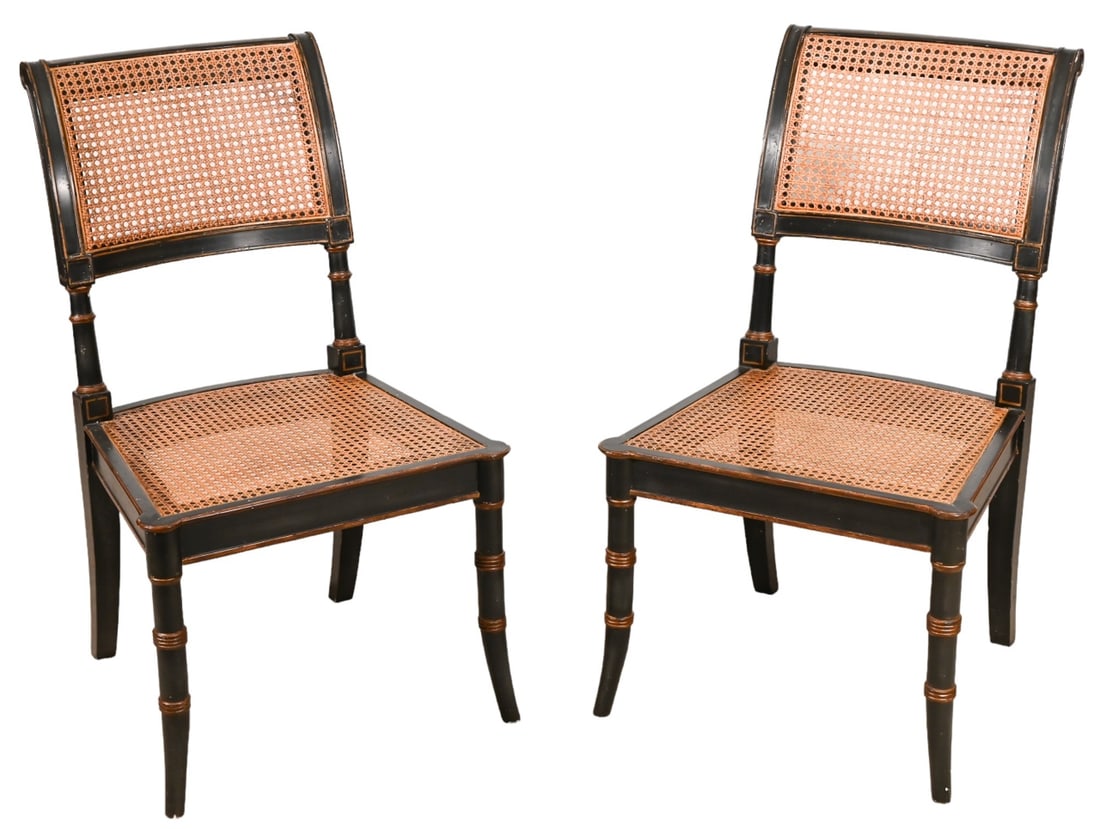Pair Regency Style Carved Black Lacquered Chairs (1 of 11)