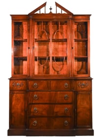 Vintage Carved Flame Mahogany Breakfront Hutch