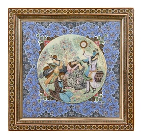 Indo-Persian Hand Painted Carved Panel in Frame
