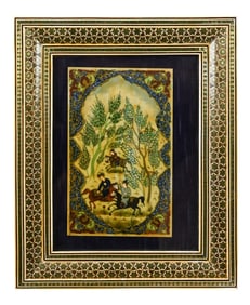 Indo-Persian Hand Painted Carved Panel in Frame