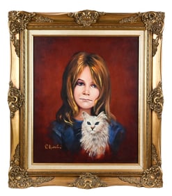 Gennaro R. Maddaloni Signed Oil Painting Girl Cat